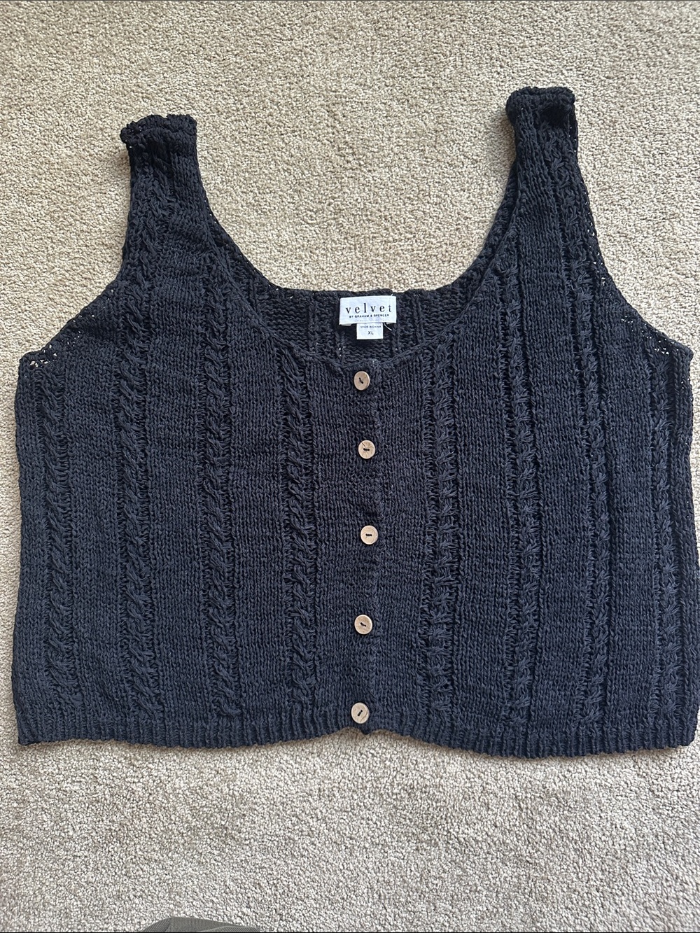 Velvet by Graham & Spencer Black Cable-Knit Button Crop Tank
